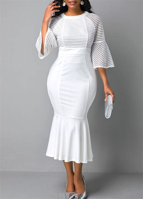 Round Neck Mesh Panel Flare Sleeve Mermaid Dress Rosewe USD 29 98