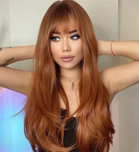 Lanova Ginger Wigs With Bangs Ombre Brown Copper Brown Synthetic Hair