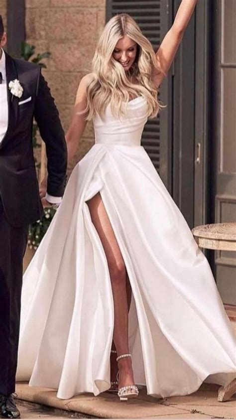 A Line Strapless Satin White Thigh Split Wedding Dresses Cbd083 Wedding Dresses Satin