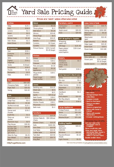 Printable yard sale pricing guide – Artofit