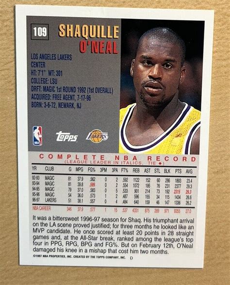 Shaquille ONeal 1997 98 Topps Card 109 MINT EBay