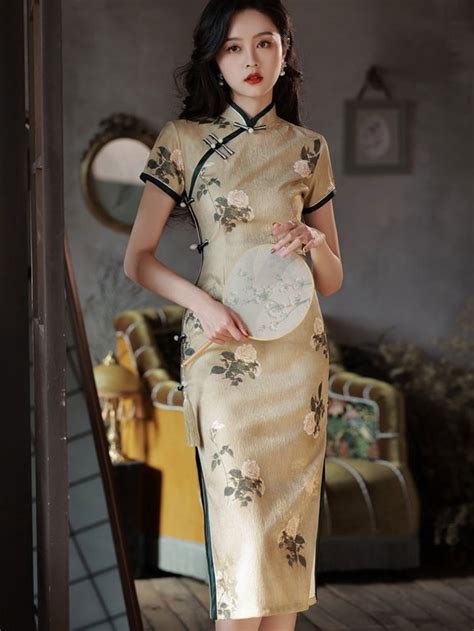 Green Floral Print Midi Cheongsam Qipao Dress Cozyladywear