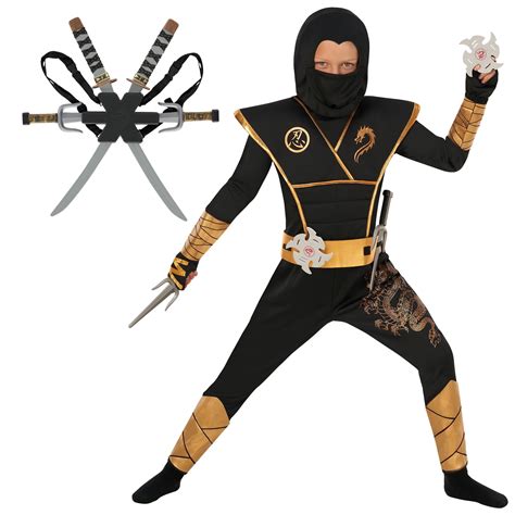 Morph Kids Deluxe Black Gold Ninja Costume Boys Girls Warrior Halloween