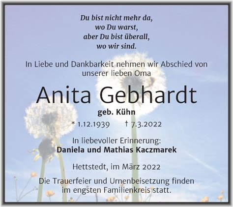 Traueranzeigen Von Anita Gebhardt Abschied Nehmende