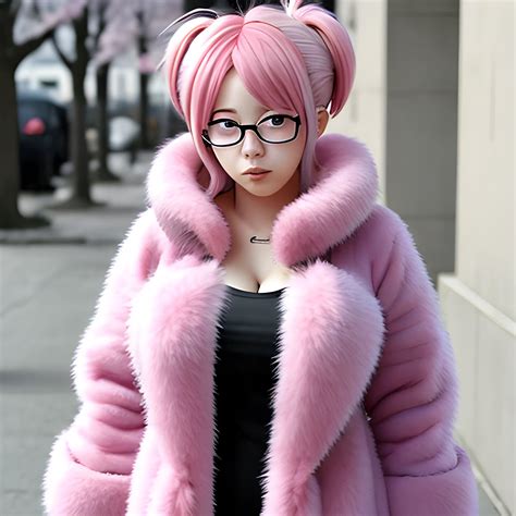 Anime Female Pink Hair Fur Coat Glasses Thicc Arthubai