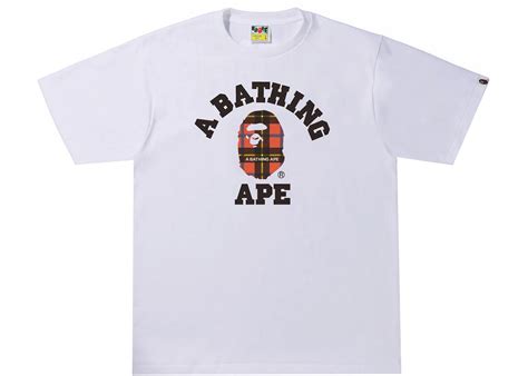 BAPE Logo Check College Tee White/Red Men's - SS22 - US