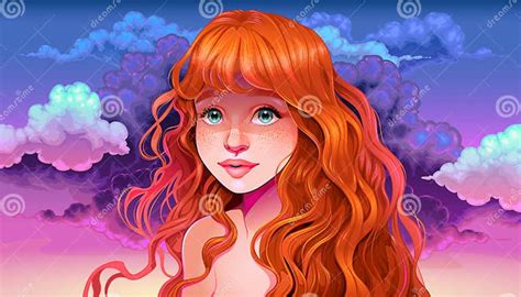 Girl With Red Hair And Freckles In The Sunset Stock Vector