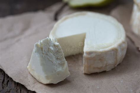 Piece Smelly Camembert Cheese On A Wooden Rustic Table Stock Photo