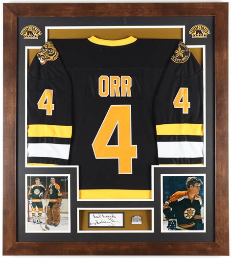 Bobby Orr Signed Bruins Custom Framed Cut Display With Jersey Hall Of