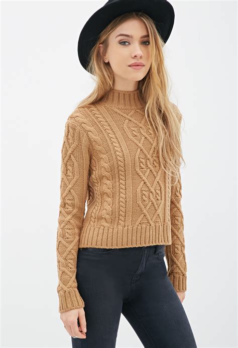 Forever Cable Knit Mock Neck Sweater In Brown Lyst