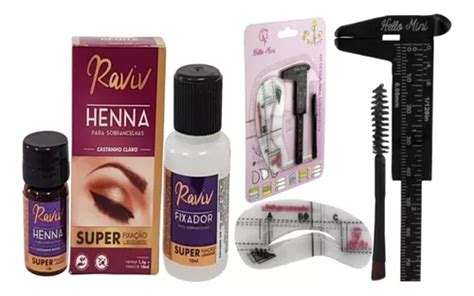 Kit Henna Sobrancelha Profissional Raviv Pincel Duplo Moldes