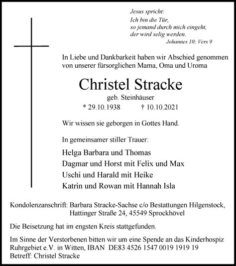 Traueranzeigen Von Christel Stracke Trauer In Nrw De