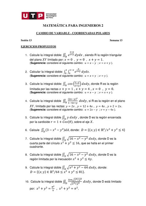 S13 s13 Resolver ejercicios MATEMÁTICA PARA INGENIEROS 2 CAMBIO DE