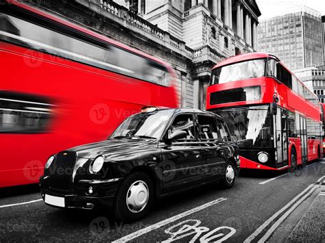 Symbols of London, the UK. Red buses, black taxi cab. Black and white ...