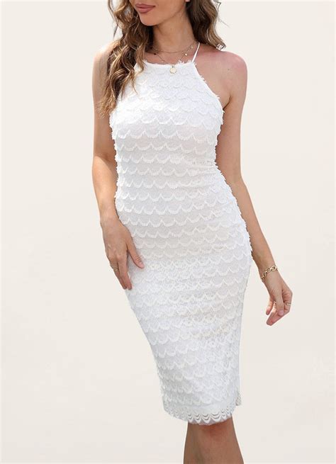 Agosto Blanco Vestido Midi De Encaje Con Cuello Halter Vestidos Azazie