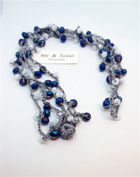 Collana Uncinetto E Cristalli Bianco Blu Collane Collane Fai Da Te