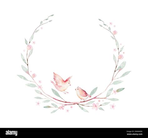 Spring Bird On Blooming Branch With Green Leaves And Flowers Wreath