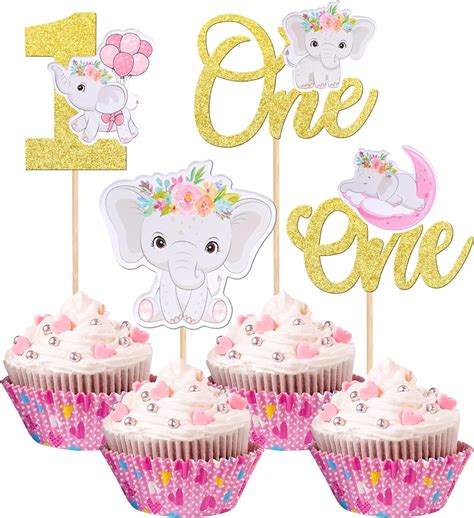 SYKYCTCY 24 Pack Elephant One Cupcake Topper Glitter Elephant Aniaml