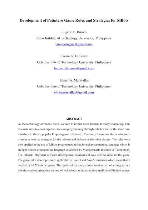 (PDF) Development of Patintero Game Rules and Strategies for MBots