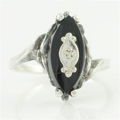 Silver Onyx Ring - Vintage Sterling Marquise Black Onyx and Diamond Ring - Circa 1950 - Size 6. ...