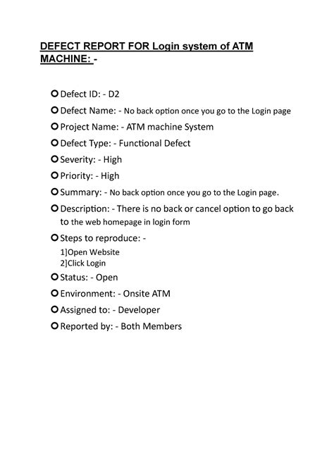 Defect Report Defect Report For Login System Of Atm Machine Defect