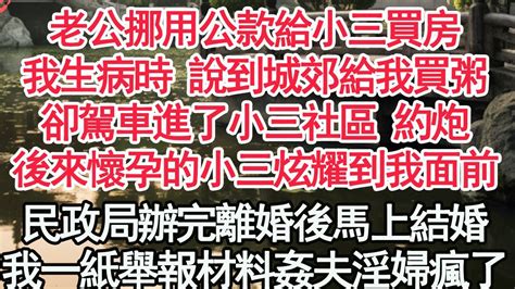 老公挪用公款給小三買房，我生病時 說到城郊給我買粥，卻駕車進了小三社區 約炮，後來懷孕的小三炫耀到我面前，民政局辦完離婚後馬上結婚，我一紙舉報材料姦夫淫婦瘋了【顧亞男】【高光女主】【爽文