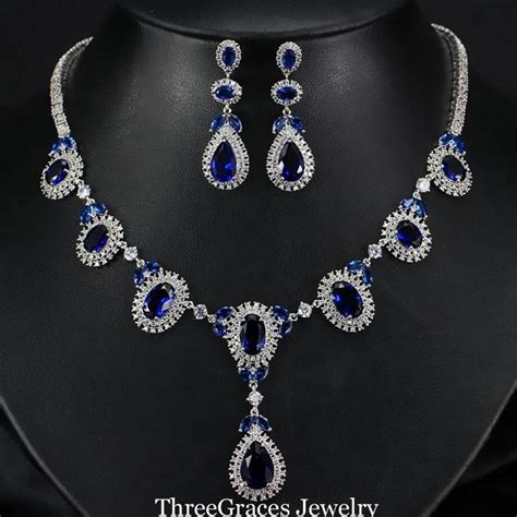 Elegant Women Big Water Drop Sapphire Dark Blue Cz Diamond Necklace And Earrings Wedding