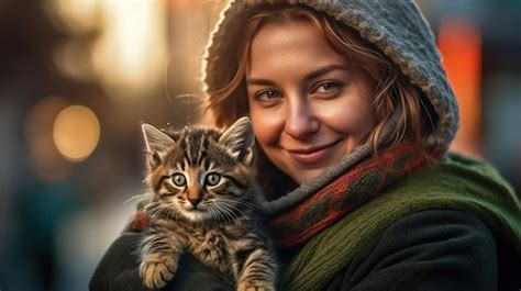 Premium Ai Image A Woman Holding A Cat In Her Arms