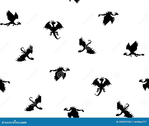 Black And White Pixel Silhouettes Of Dragons Seamless Pattern Stock