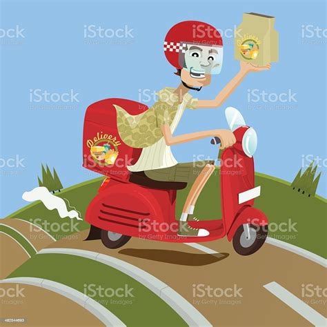 Food And Drink Delivery Man Riding Red Scooter Stock Illustration