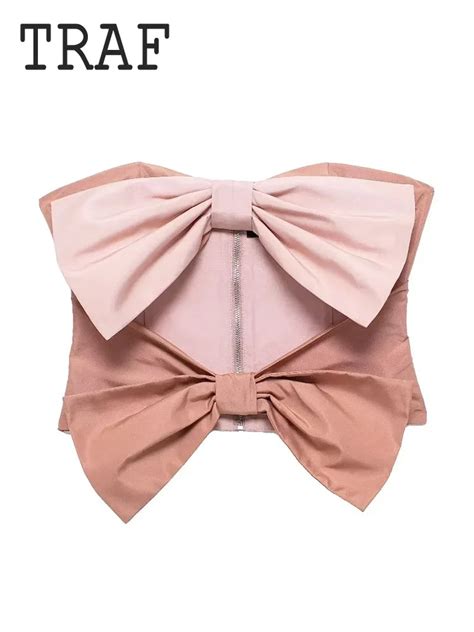 Traf Off Shoulder Corset Top Woman Bow Opening Design Tops For Summer