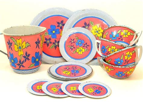 Vintage Tin Toy Tea Set With Flowers S Litho By Ohio Art Co