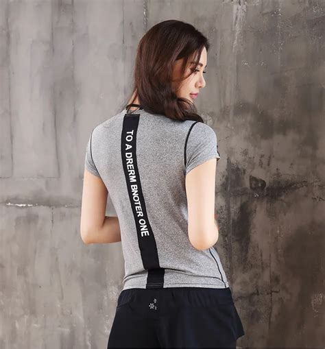 Gray Letter Print Sport T Shirt Women Gym Fitness Yoga Top Quick Dry Workout Sport Jerseys Mesh