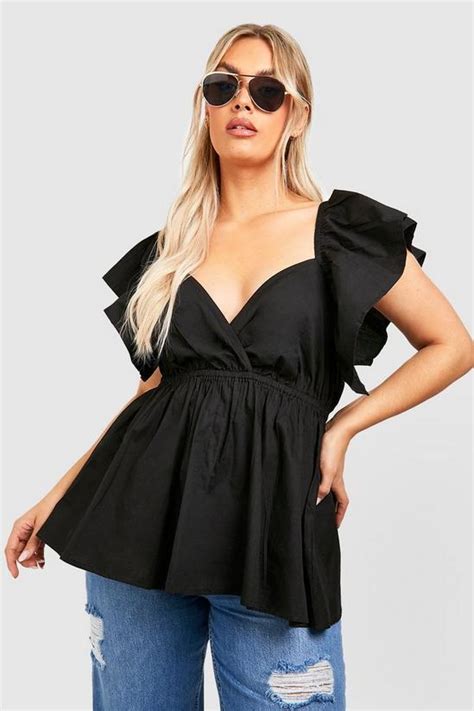 Tops Plus Cotton Poplin Ruffle Sleeve Smock Top Boohoo