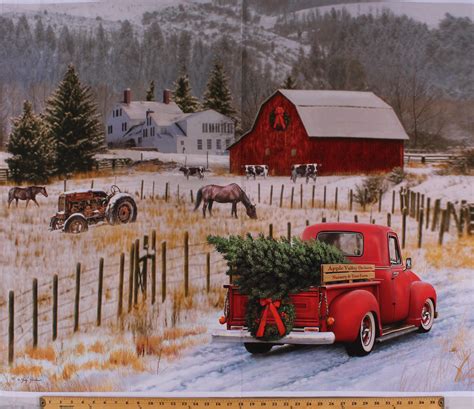 36 X 44 Panel Holiday Red Truck Christmas Tree Country Farm House