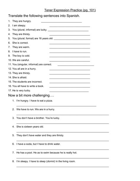 Tener Expression Worksheet