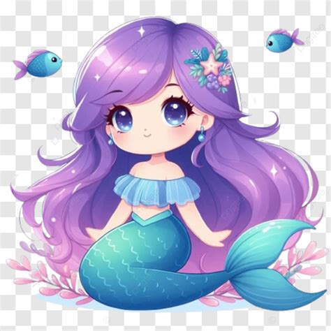 Imagem D Da Menina Sereia Kawaii Na Cor Azul Cabelo Roxo Png