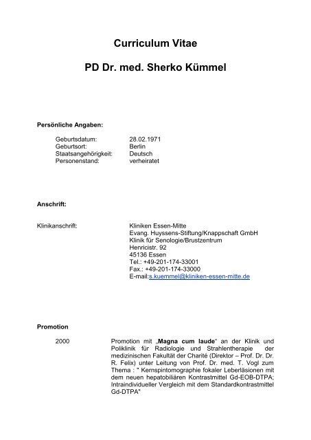 Curriculum Vitae PD Dr med Sherko Kümmel Kliniken Essen Mitte