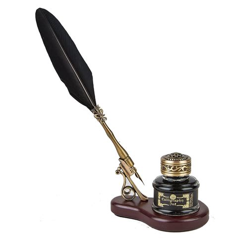 Feather Quill Pen And Wood Stand Desk Set With Ink Nostalgic Impressions