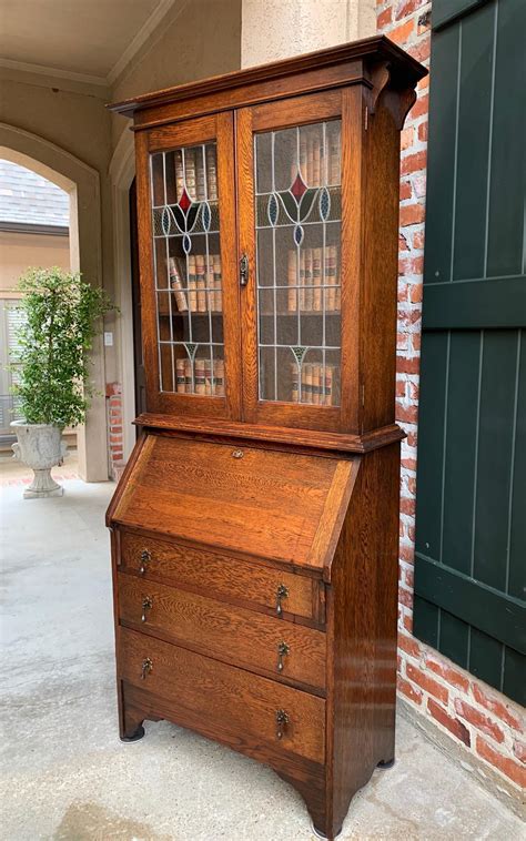 Th Century English Oak Desk Secretary Bureau Leaded Stained Glass