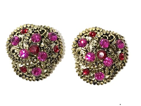 Vintage Earrings Red Rhinestone Clip Earrings Gold Tone Swirl Design Costume Ebay