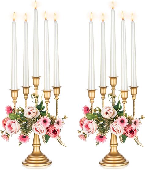 Nuptio Gold Candelabras Candle Holder Set Of 2 Metal Candelabra Centerpieces 5 Branches Candle