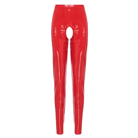 Damen Wetlook Leggings Lederhose Glänzend Offener Schritt Lange Hose