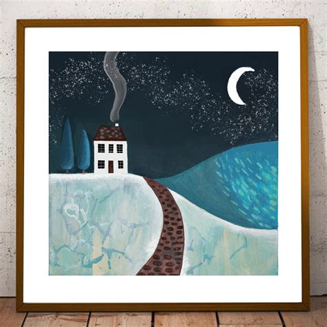 Winter Landscape Art in Blues Art Print Folk Art Original | Etsy