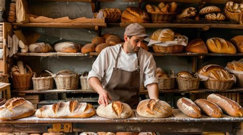 Premium Photo Baker Arranging Freshly Baked Loaves Of Bread On Wooden