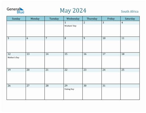 May 2024 Calendar With Holidays South Africa Edita Gwenora