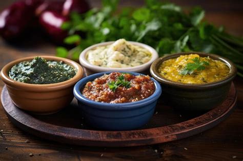 Premium AI Image Trio Of Various Homemade Dips In Ceramic Bowls