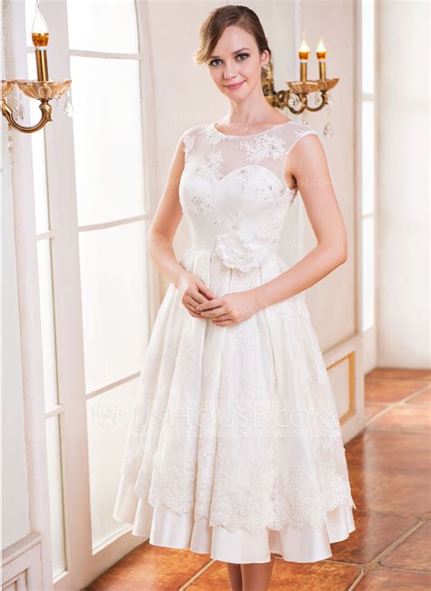 A Lineprincess Scoop Neck Tea Length Satin Lace Wedding Dress With Beading Flowers Sequins