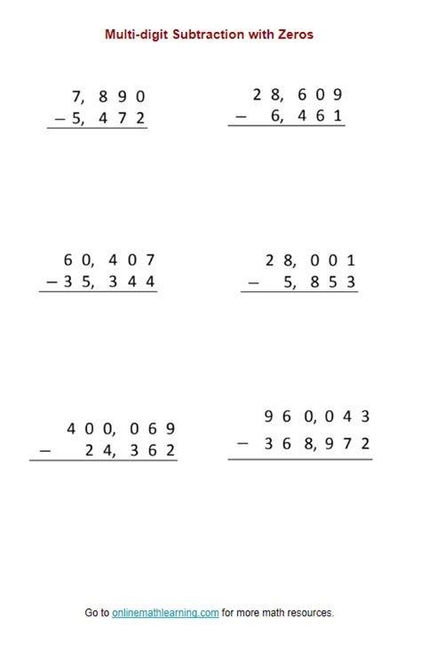 Multi Digit Subtraction With Zeros Worksheets Answers Printable