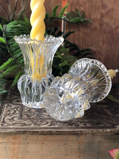 Set Of Two Glass Crystal Taper Candlestick Holders Etsy Uk